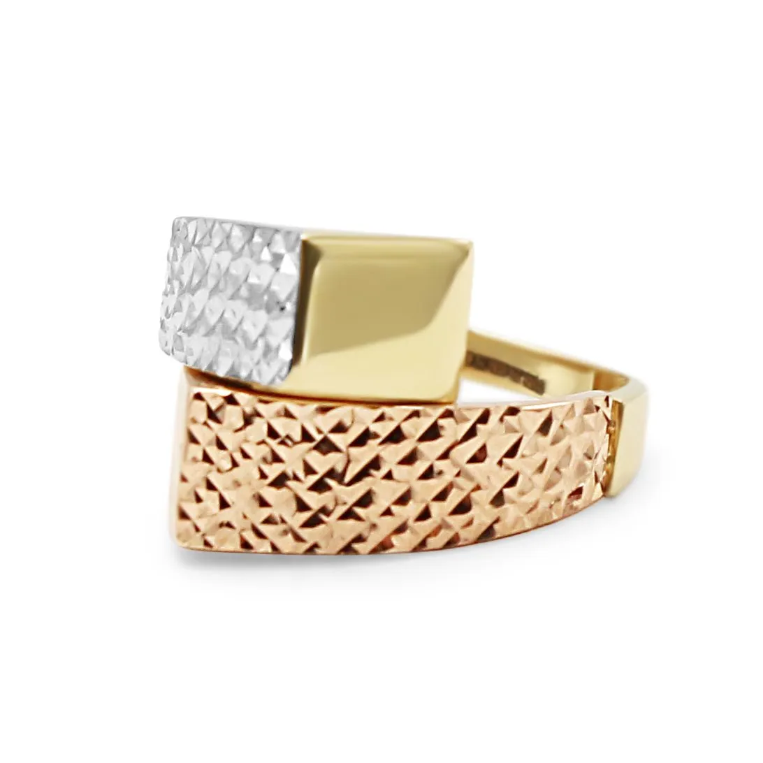 14ct Three Colour Gold Textured/Polished Cross Over Dress Ring