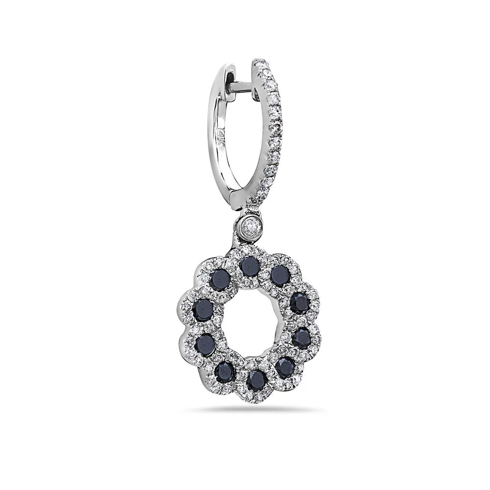 14K White Gold Flower Shaped Ladies Earrings With Black Diamonds