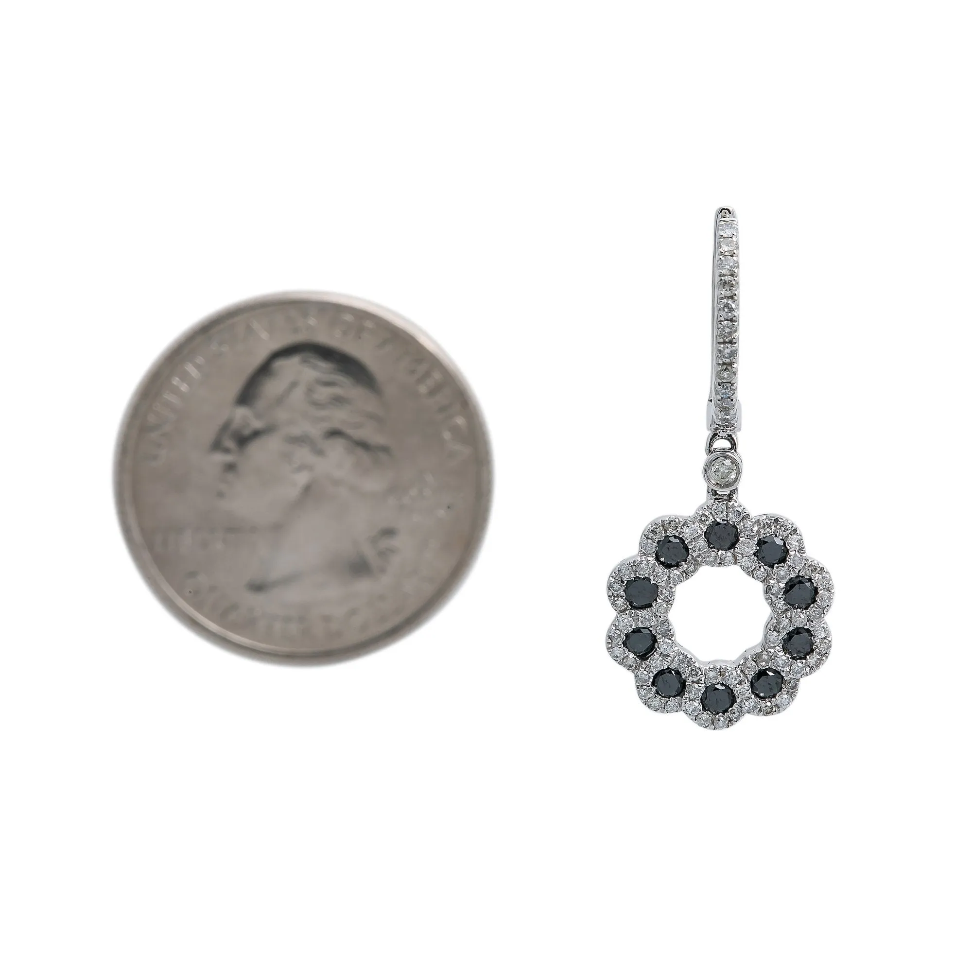 14K White Gold Flower Shaped Ladies Earrings With Black Diamonds