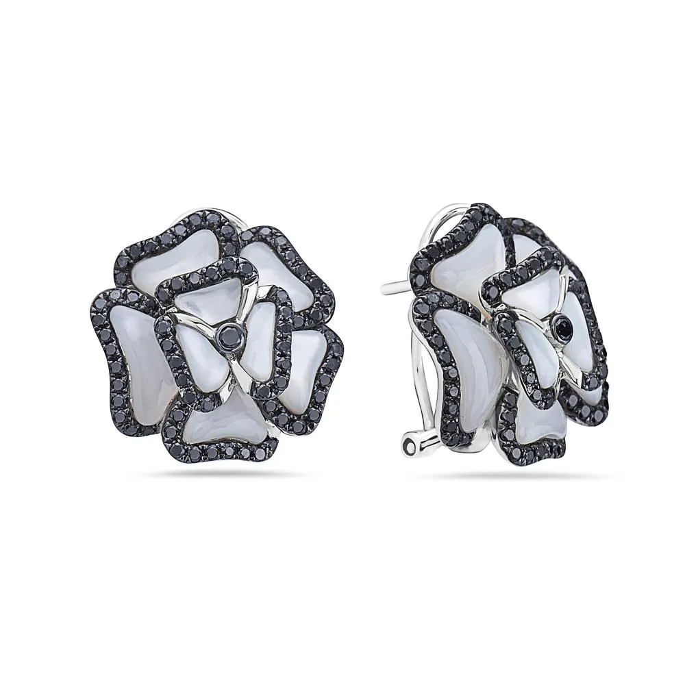 18K White Gold Flower Shaped Ladies Earrings With Black Diamonds