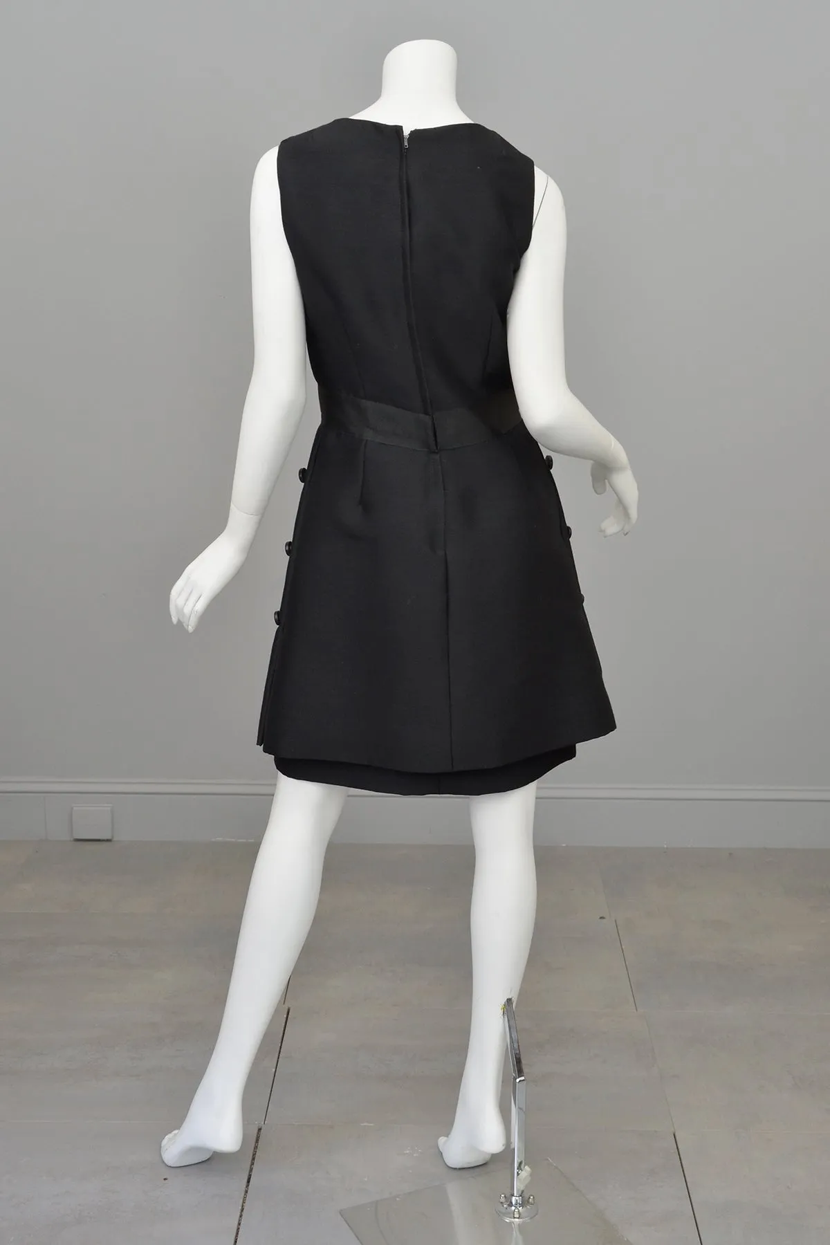 1960s MOD Little Black Dress with Crystal Buttons and 'Peplum' Skirt