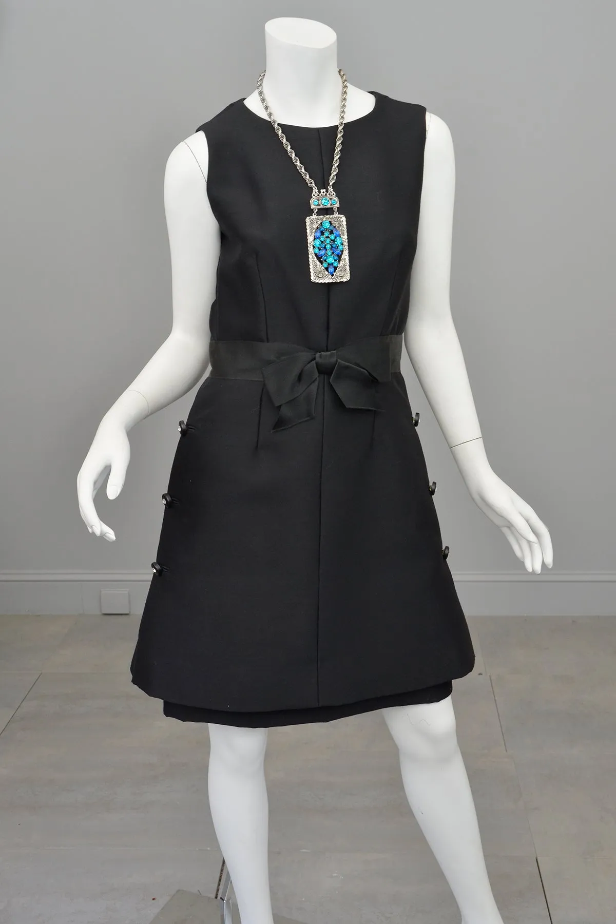 1960s MOD Little Black Dress with Crystal Buttons and 'Peplum' Skirt