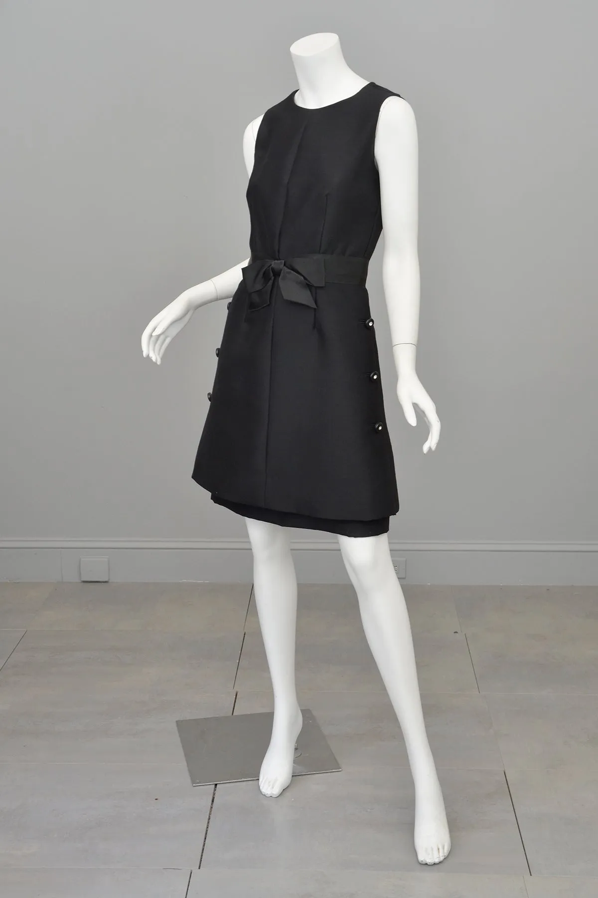 1960s MOD Little Black Dress with Crystal Buttons and 'Peplum' Skirt