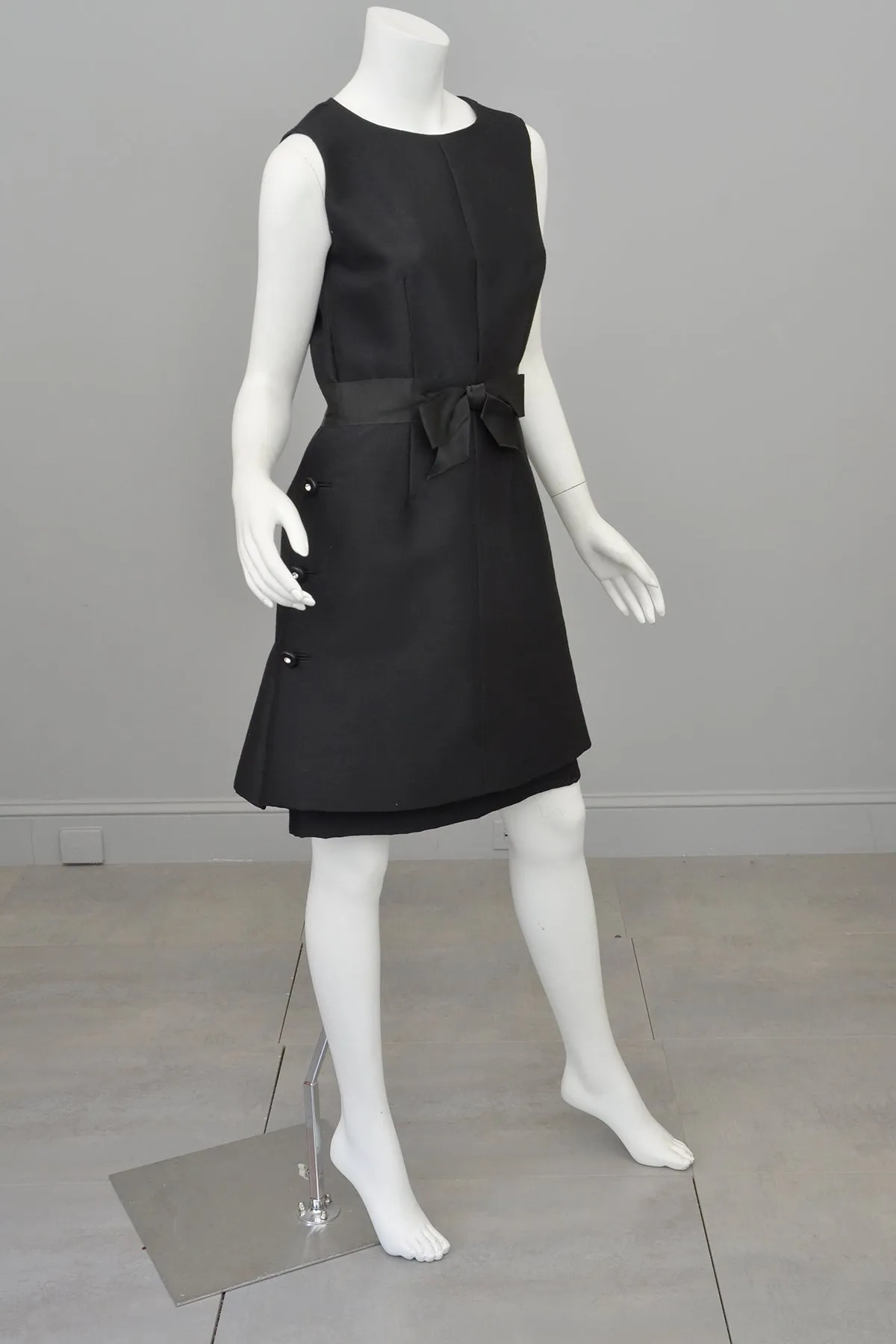 1960s MOD Little Black Dress with Crystal Buttons and 'Peplum' Skirt