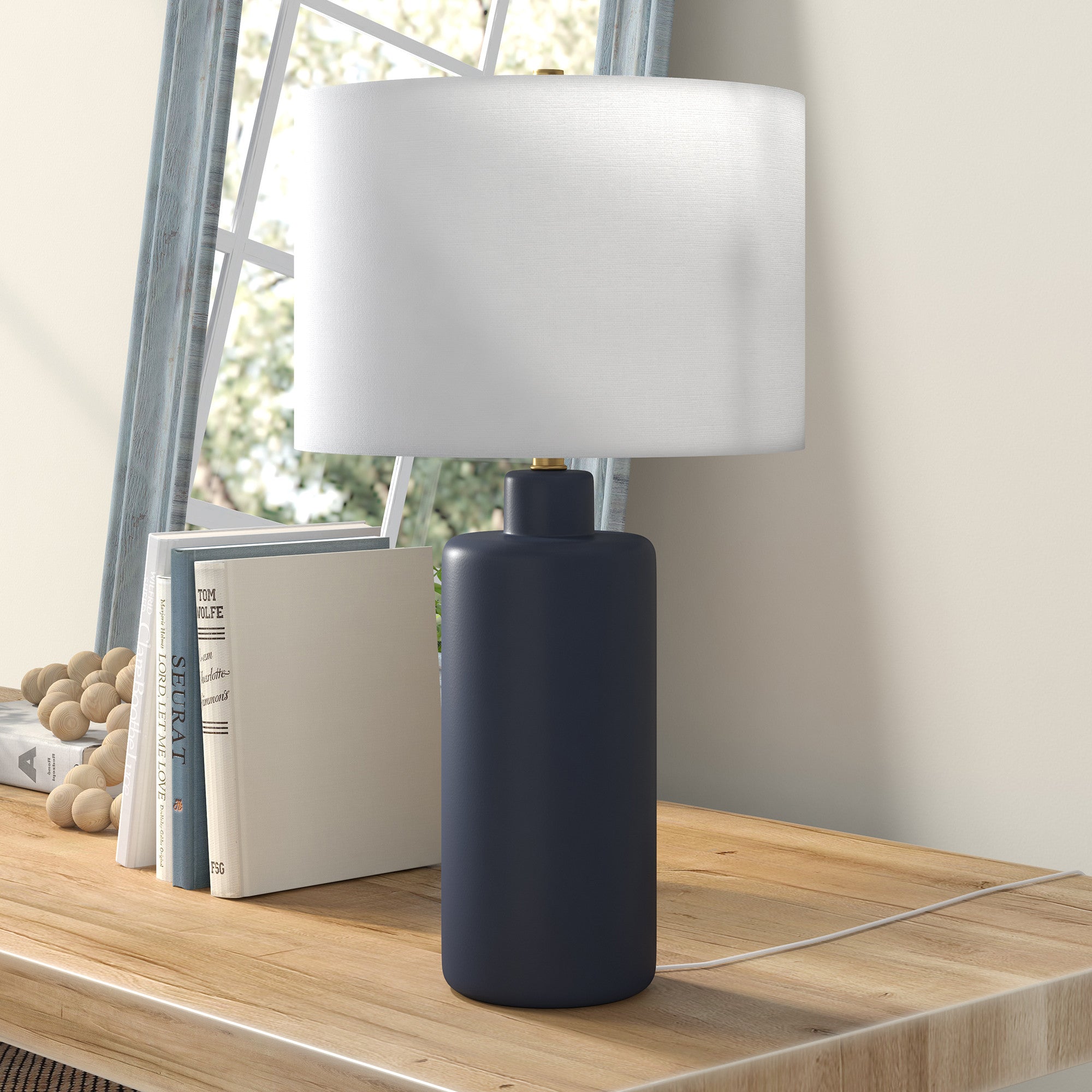 25 Navy Blue Ceramic Cylinder Table Lamp With White Drum Shade