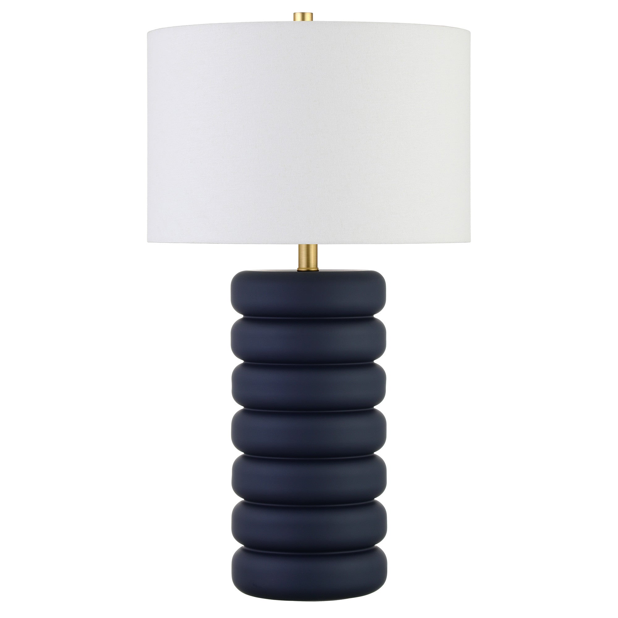 25 Navy Blue Ceramic Table Lamp With White Drum Shade