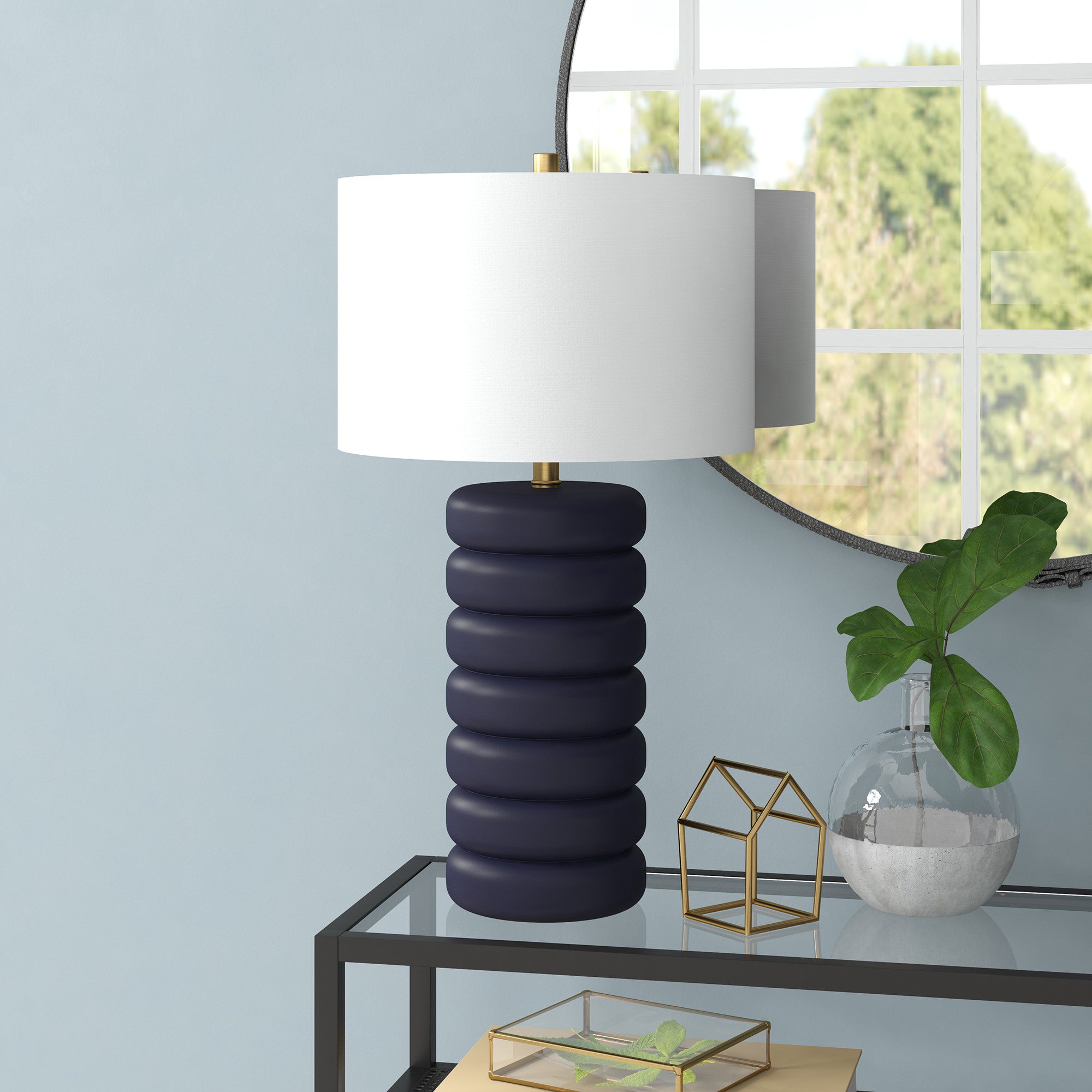 25 Navy Blue Ceramic Table Lamp With White Drum Shade