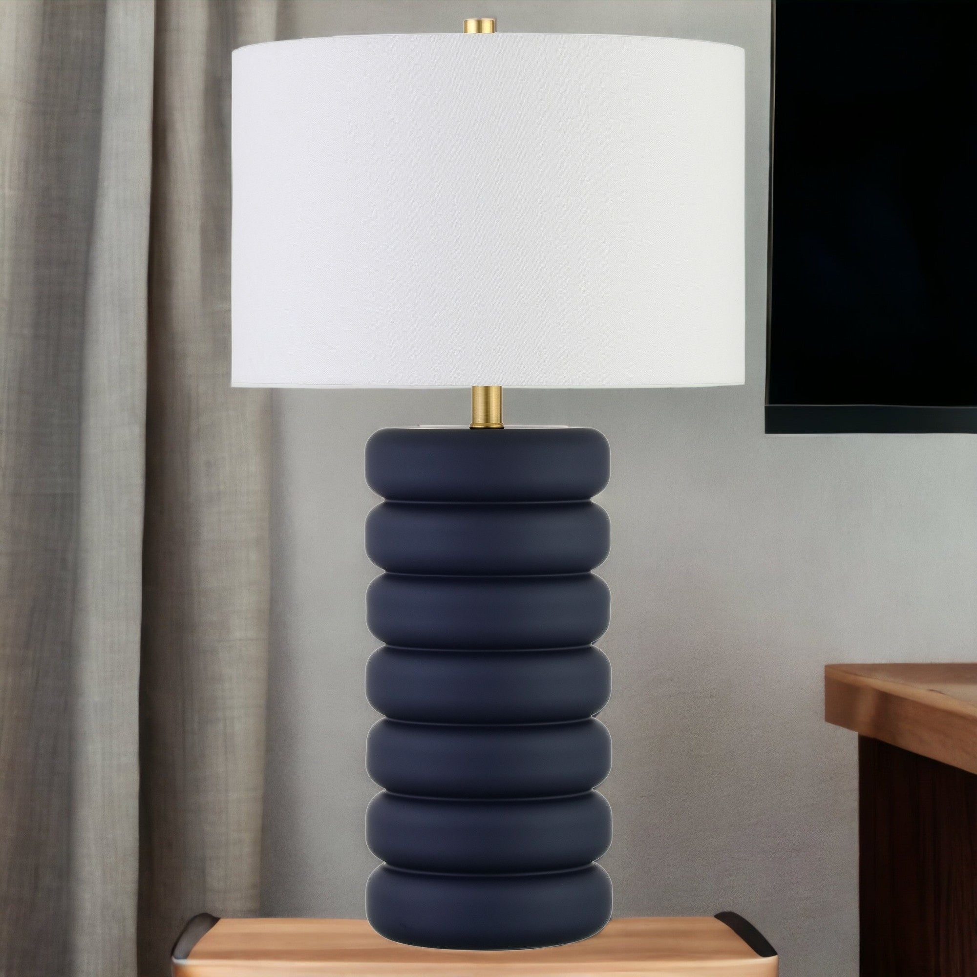 25 Navy Blue Ceramic Table Lamp With White Drum Shade