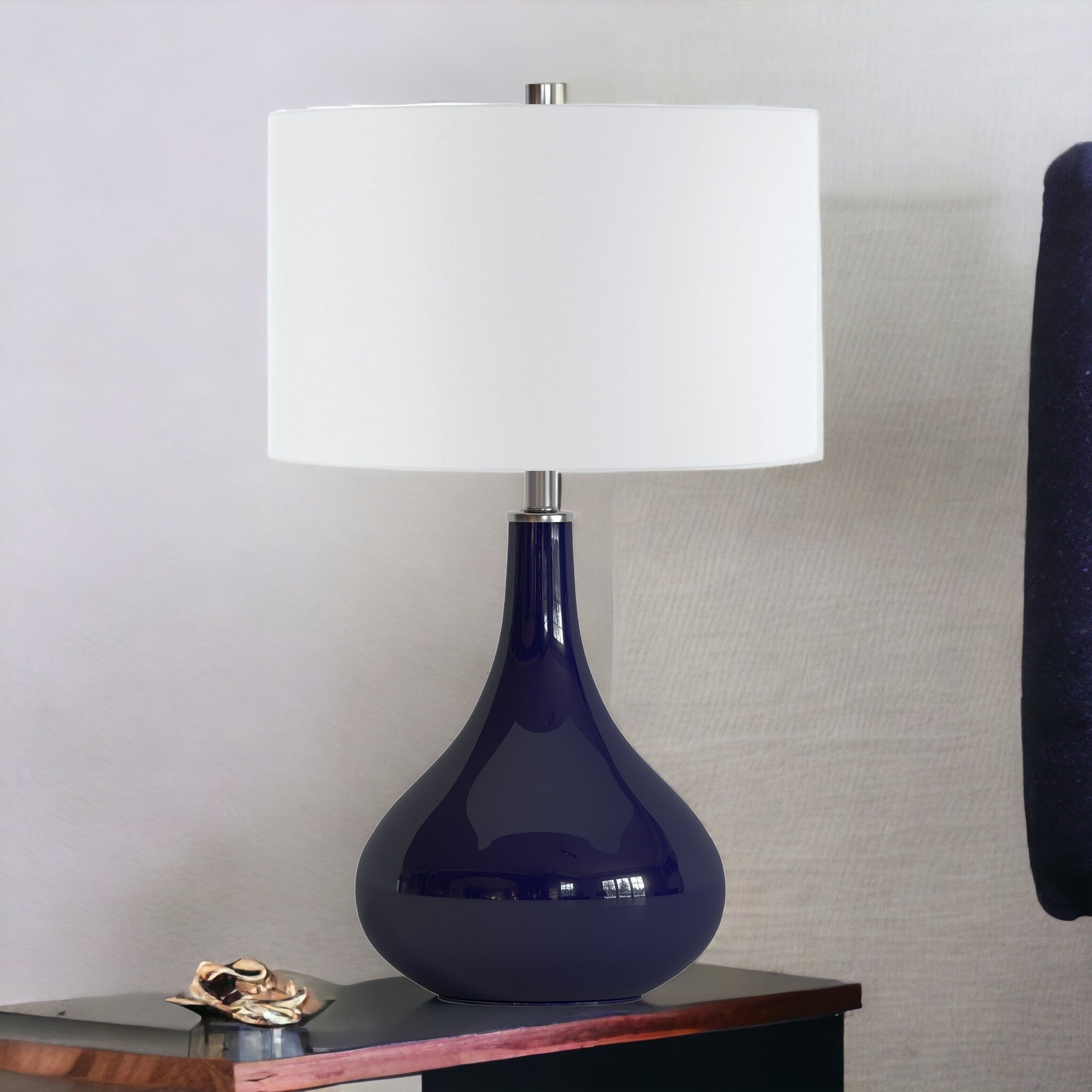 25 Navy Blue Glass Table Lamp With White Drum Shade