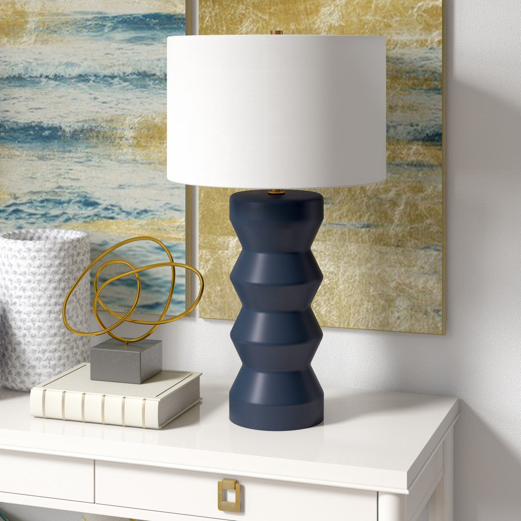 28 Navy Blue Ceramic Table Lamp With White Drum Shade