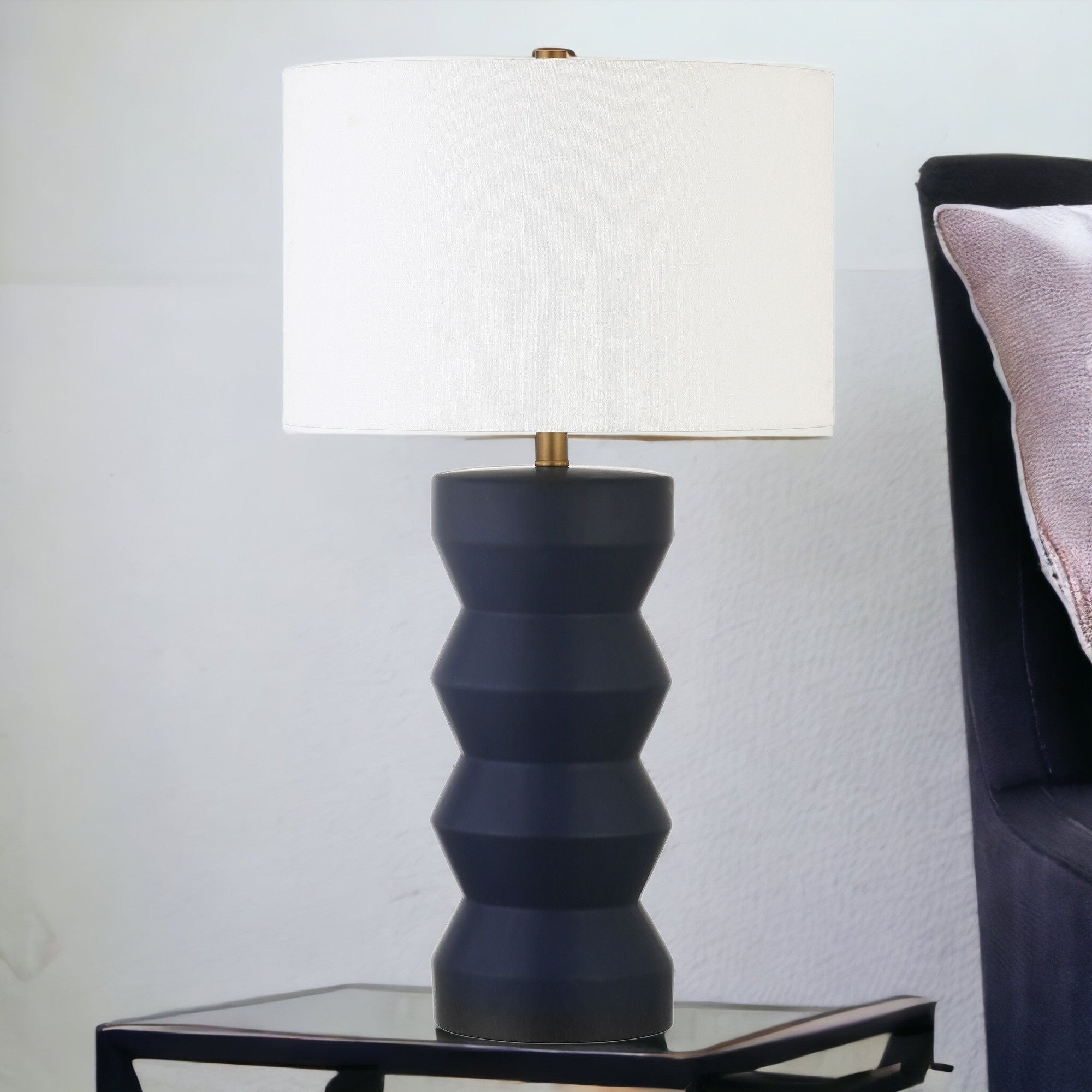 28 Navy Blue Ceramic Table Lamp With White Drum Shade