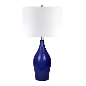 28 Navy Blue Porcelain Table Lamp With White Drum Shade