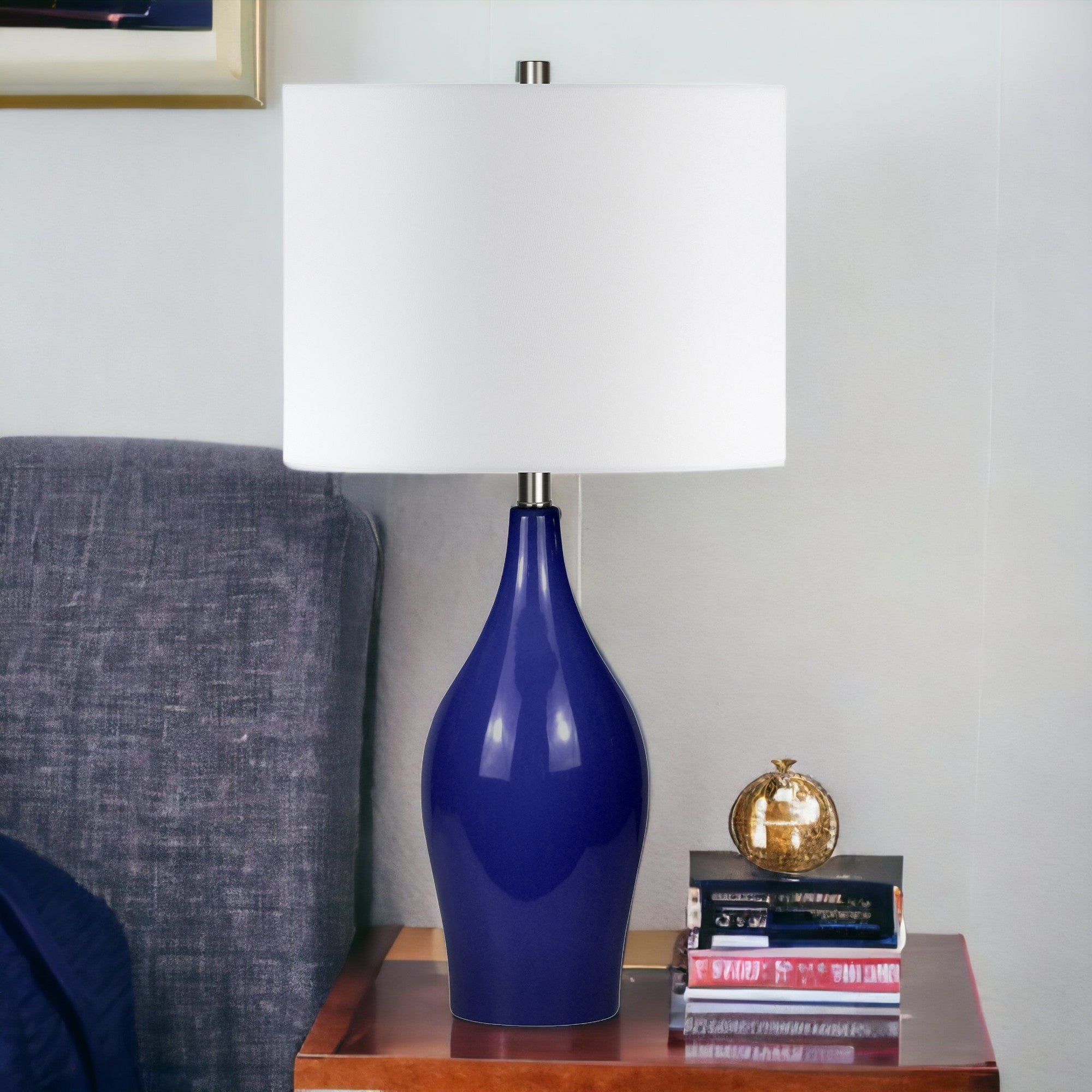 28 Navy Blue Porcelain Table Lamp With White Drum Shade