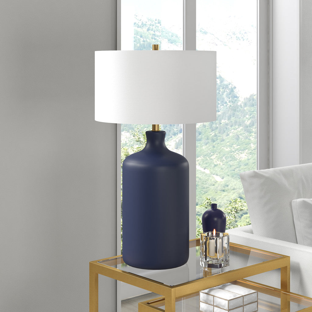 29 Navy Blue Ceramic Table Lamp With White Drum Shade