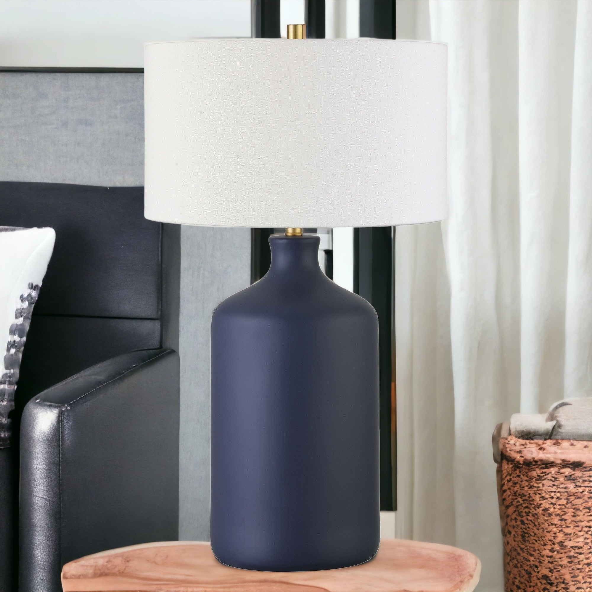 29 Navy Blue Ceramic Table Lamp With White Drum Shade