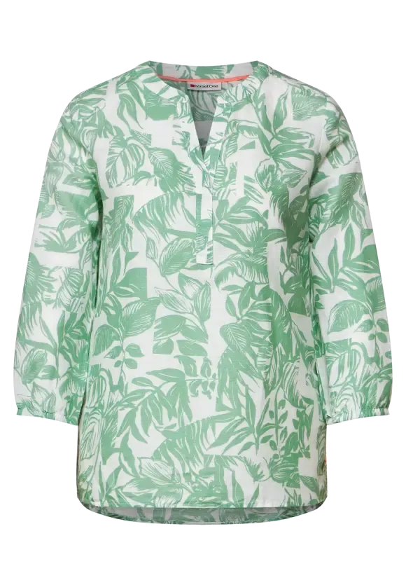 343767- Leafy Green Print Linen Blouse - Street One