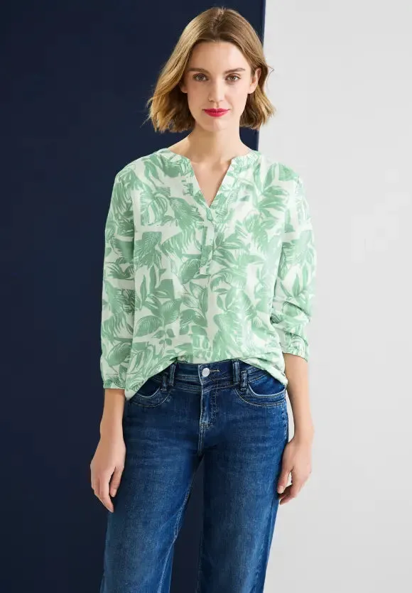 343767- Leafy Green Print Linen Blouse - Street One