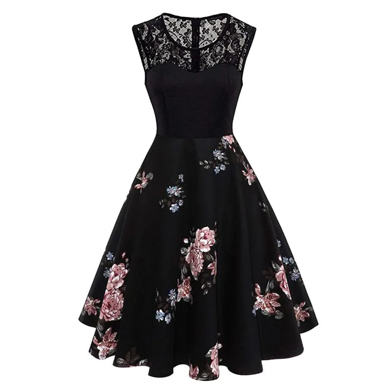 A Line Peony Flower Vintage Dress Women Patchwork Ladies Office OL Contrast Lace Elegant Summer Ladies Dresses Retro Party Black