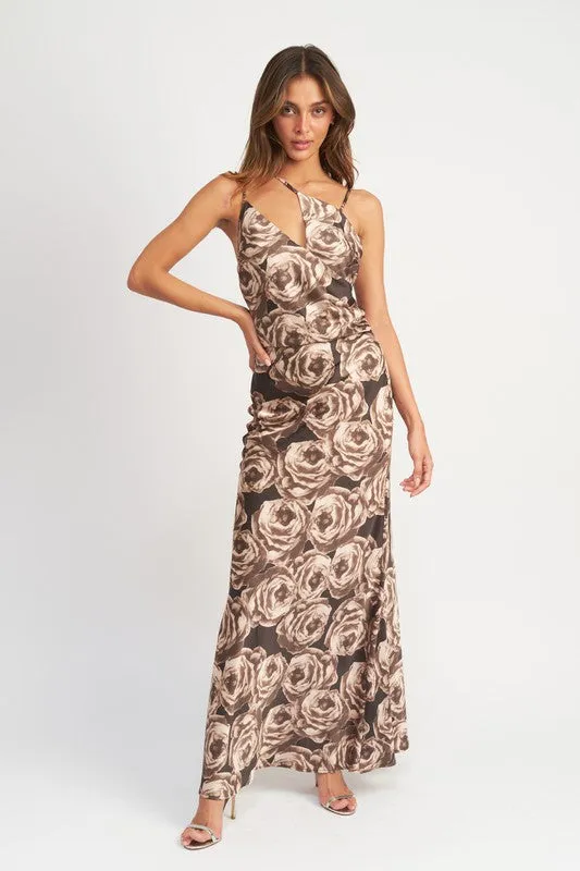 Asymmetrical Neck Floral-Print Maxi Dress