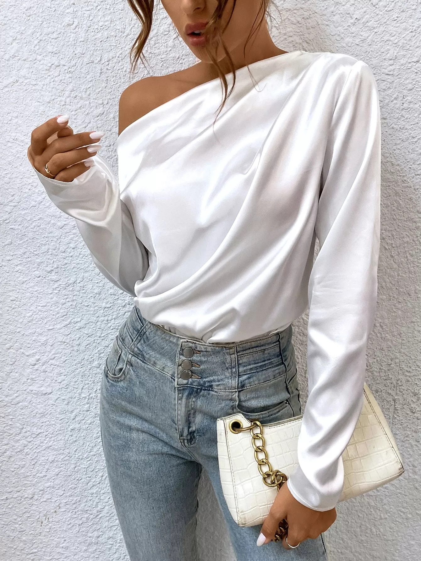 Asymmetrical Neck Satin Blouse