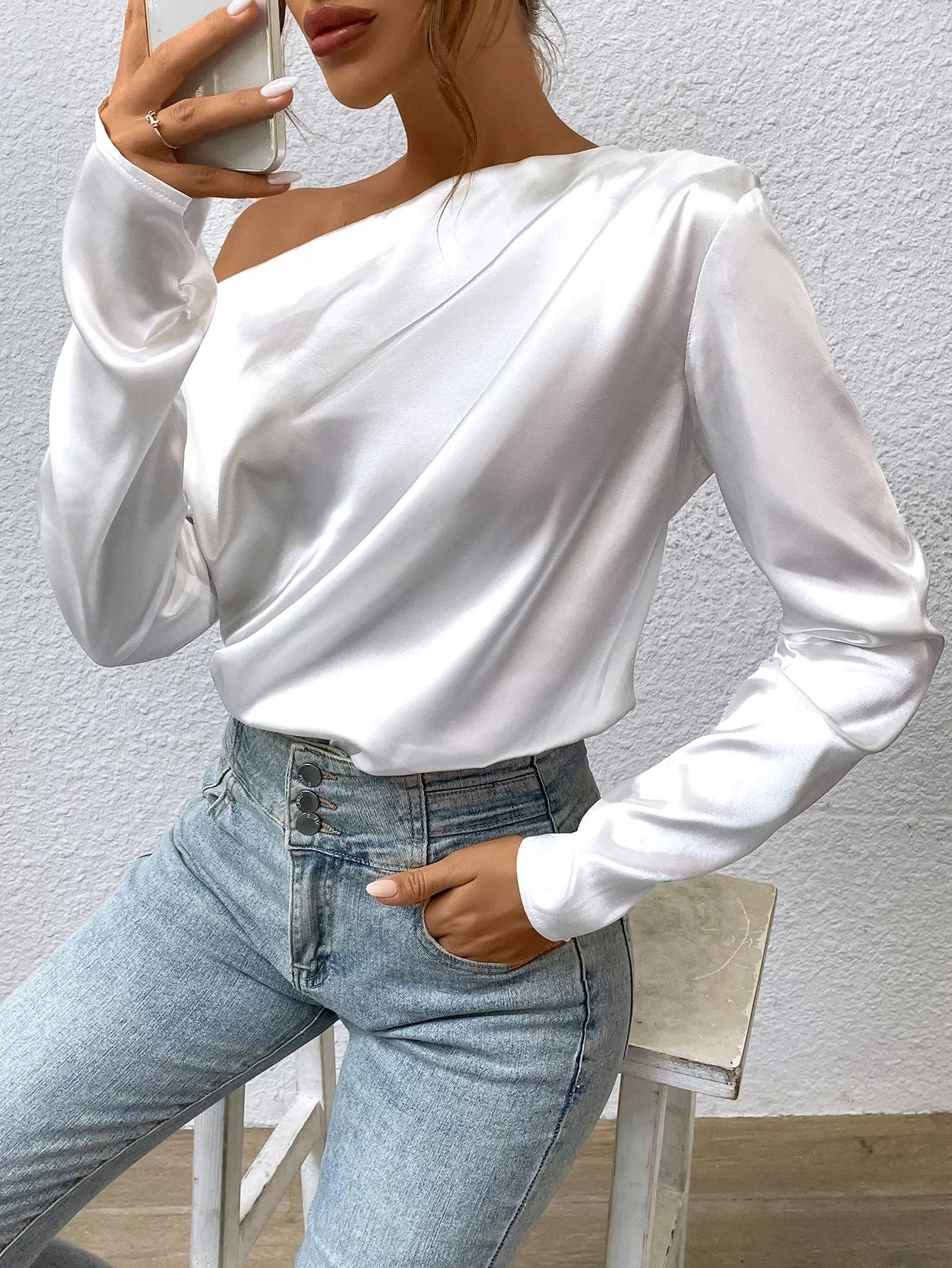 Asymmetrical Neck Satin Blouse