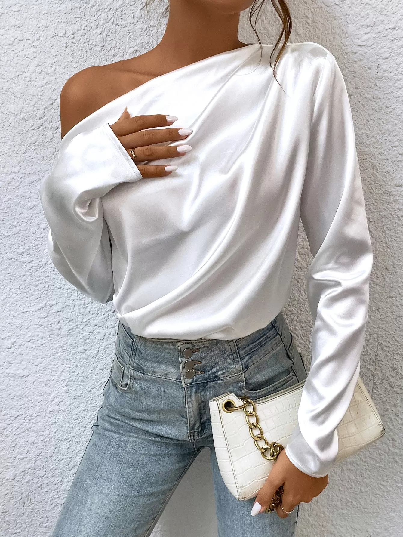 Asymmetrical Neck Satin Blouse