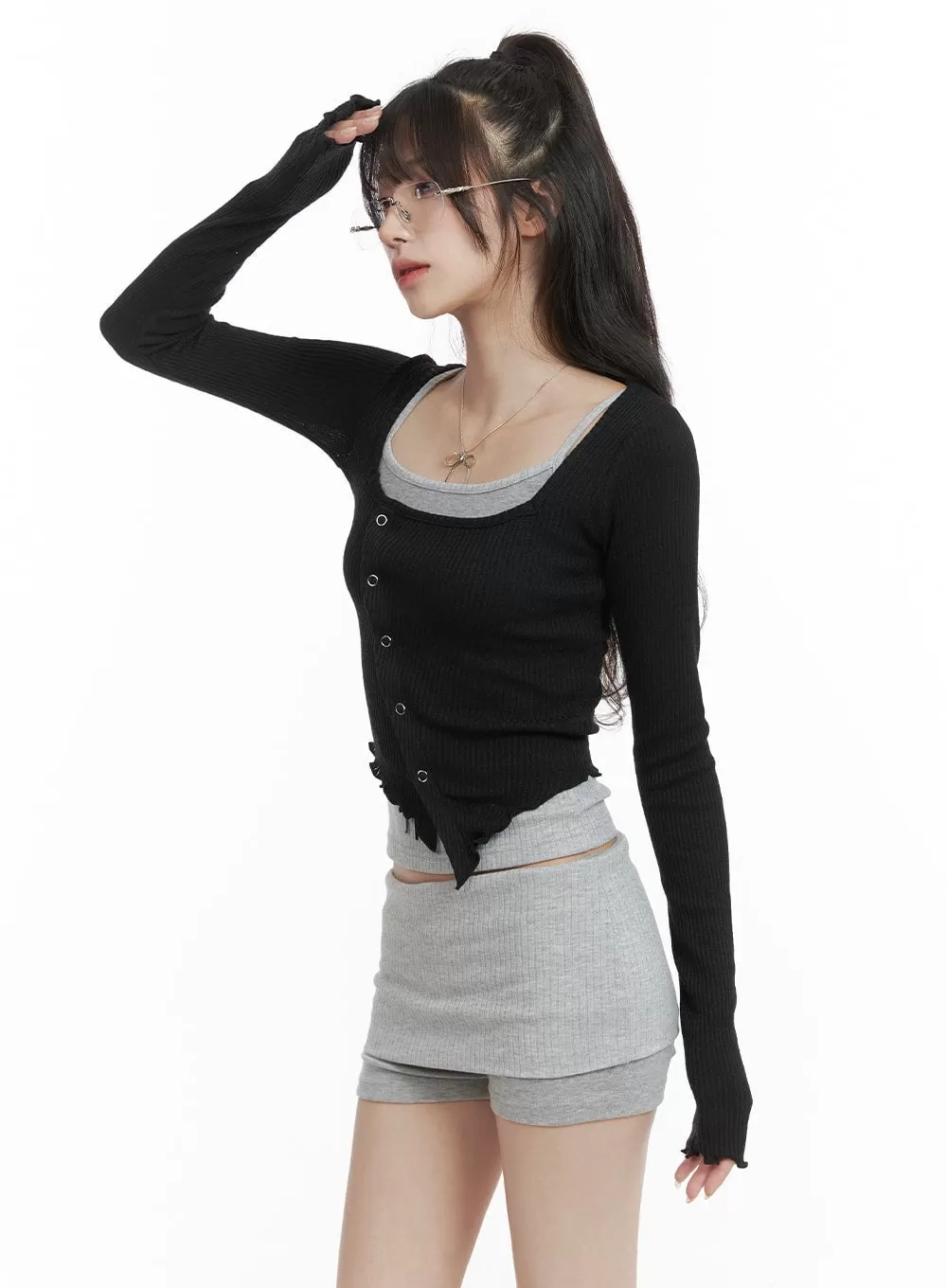 Asymmetrical Neck Solid Button Long Sleeve Top CA402