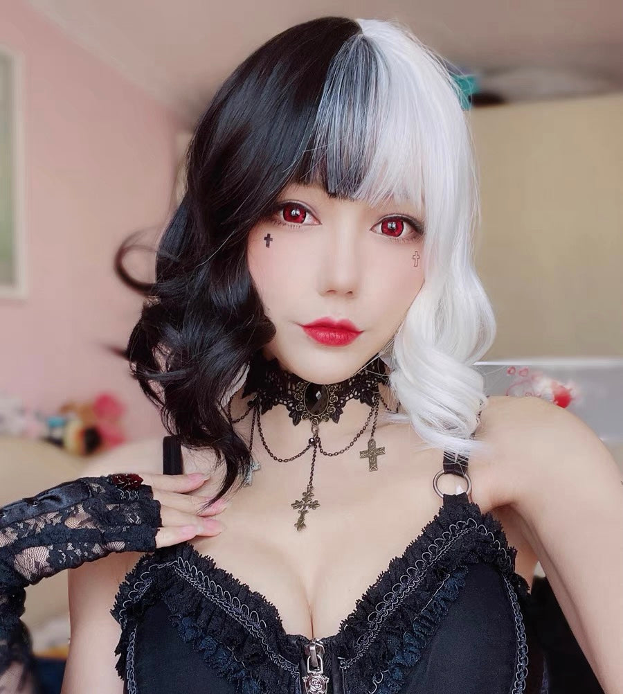 |BLACK & WHITE| SHORT CURLS WIG BY90024