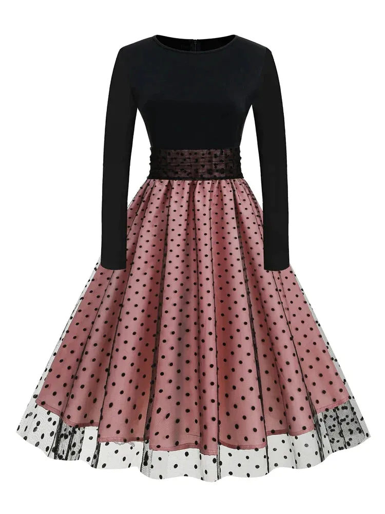 Black and Pink Vintage Long Dresses for Women Autumn Winter High Waist Dotted Mesh Pleated 50s Retro Long Dress