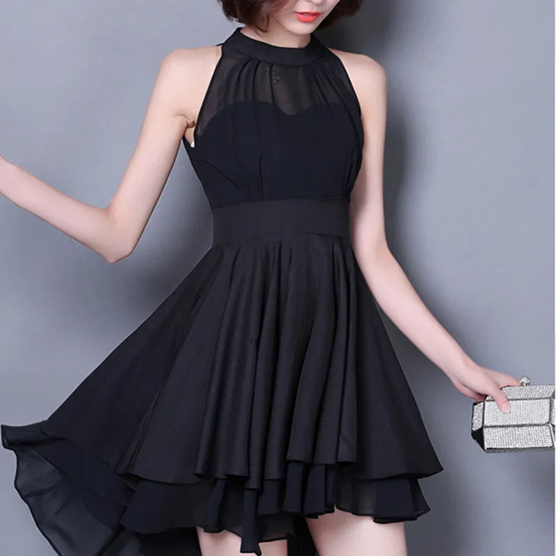 Black High Low Chiffon Halter Women Dress, Cute High Low Women Summer Dress, Black Dresses