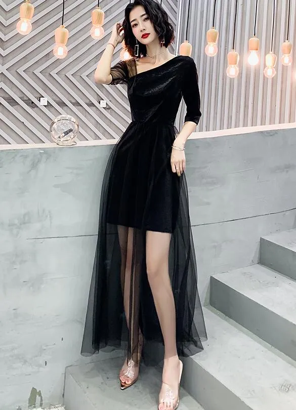 Black High Low Short Sleeves Party Dresses, Black Formal Dresses Homecoming Dresses