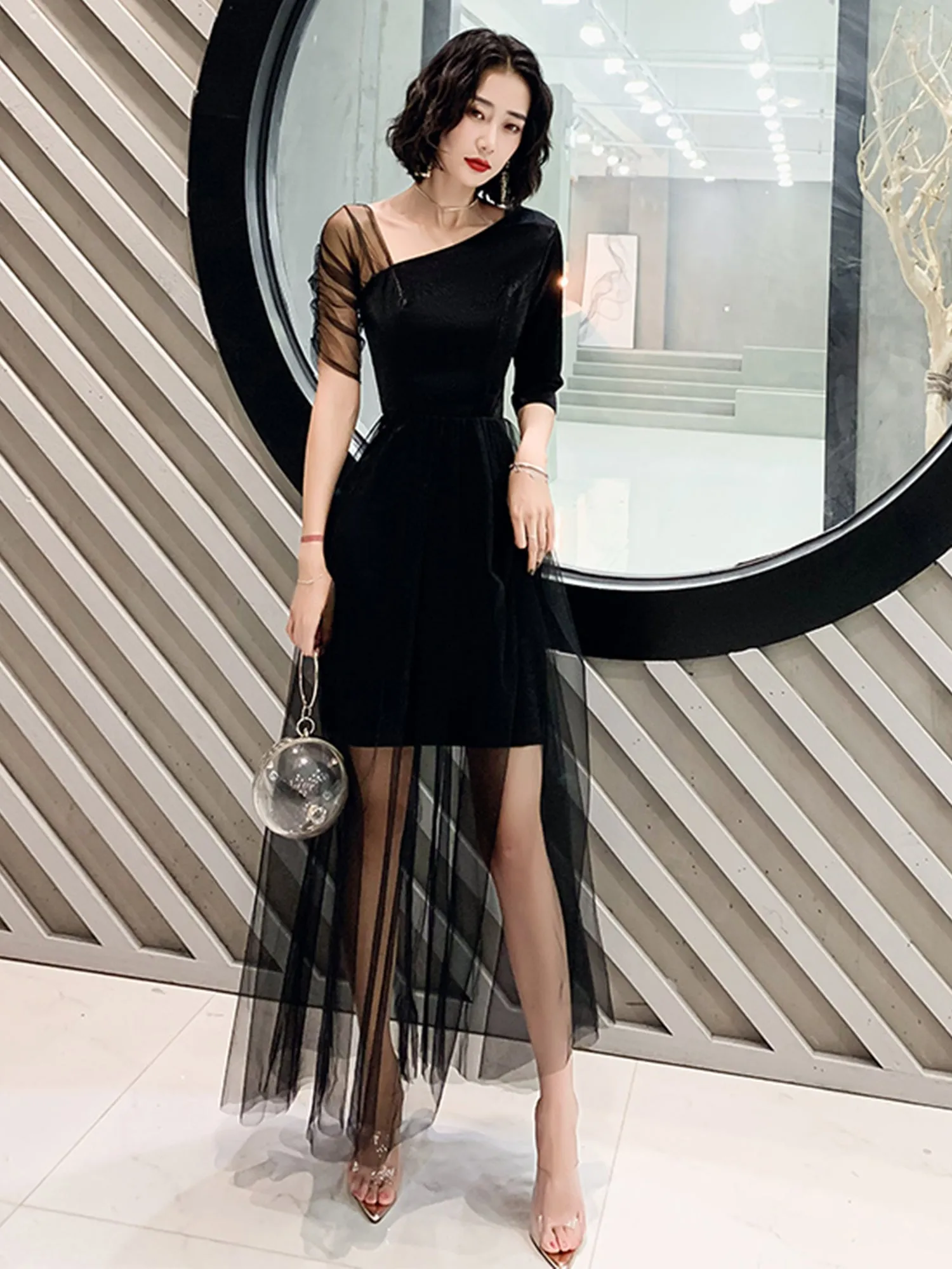 Black High Low Short Sleeves Party Dresses, Black Formal Dresses Homecoming Dresses