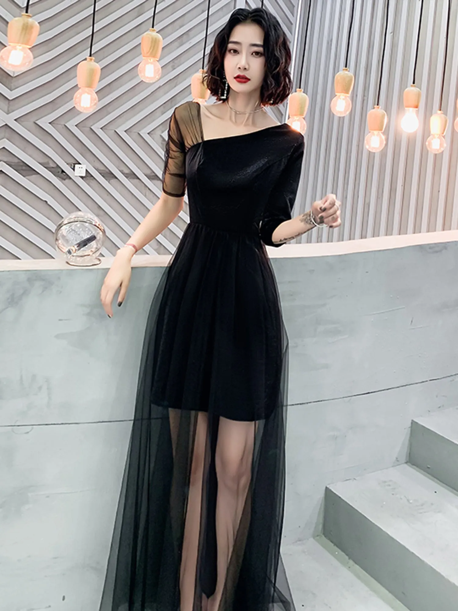 Black High Low Short Sleeves Party Dresses, Black Formal Dresses Homecoming Dresses