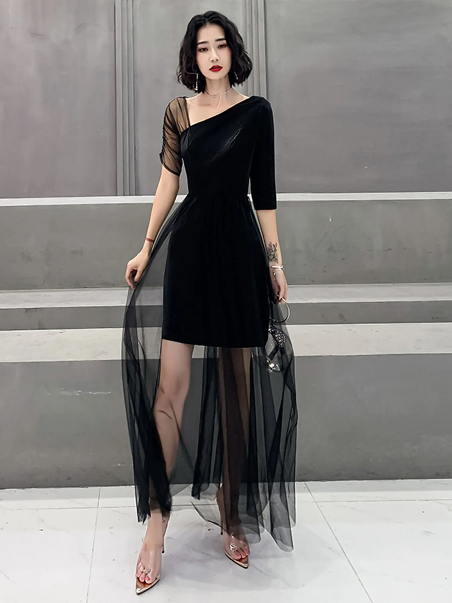 Black High Low Short Sleeves Party Dresses, Black Formal Dresses Homecoming Dresses