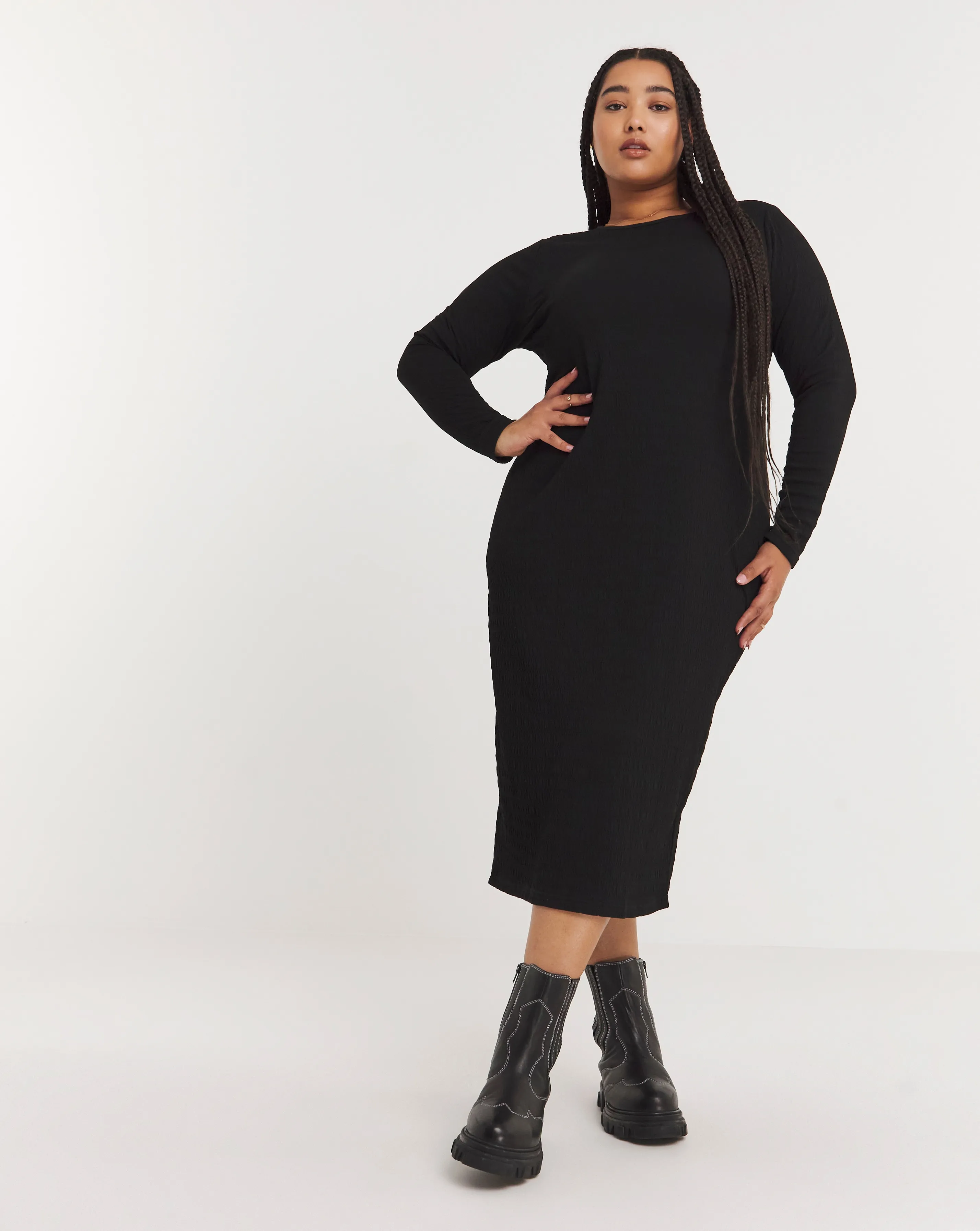 Black Long Sleeve Textured Jersey Midi Column Dress | Simply Be