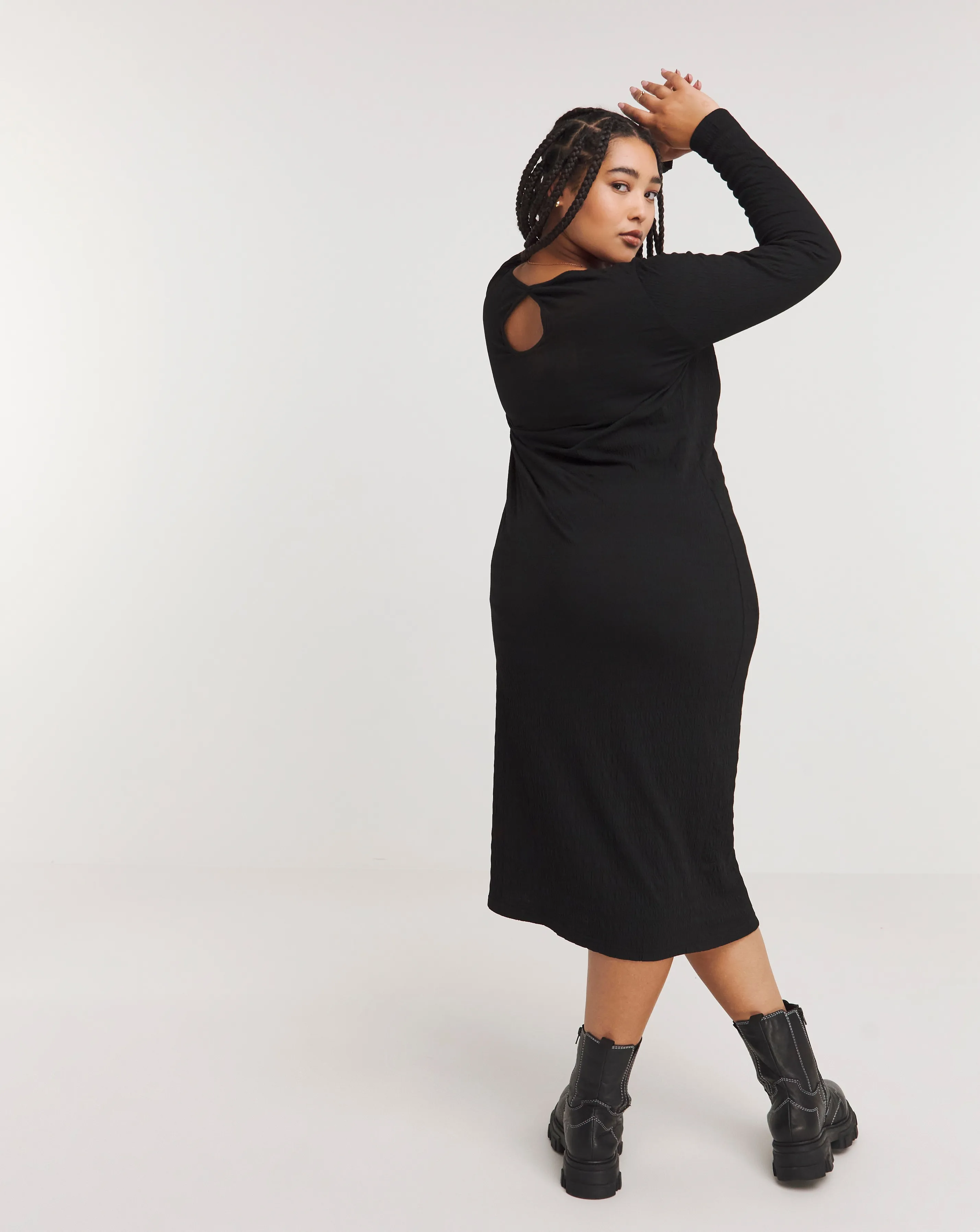 Black Long Sleeve Textured Jersey Midi Column Dress | Simply Be