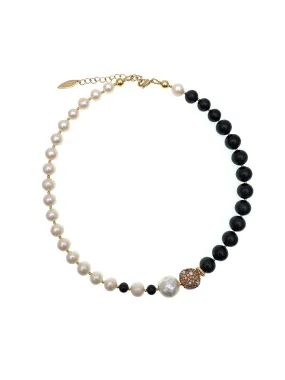 Black Obsidian With White Freshwater Pearls Necklace FN028