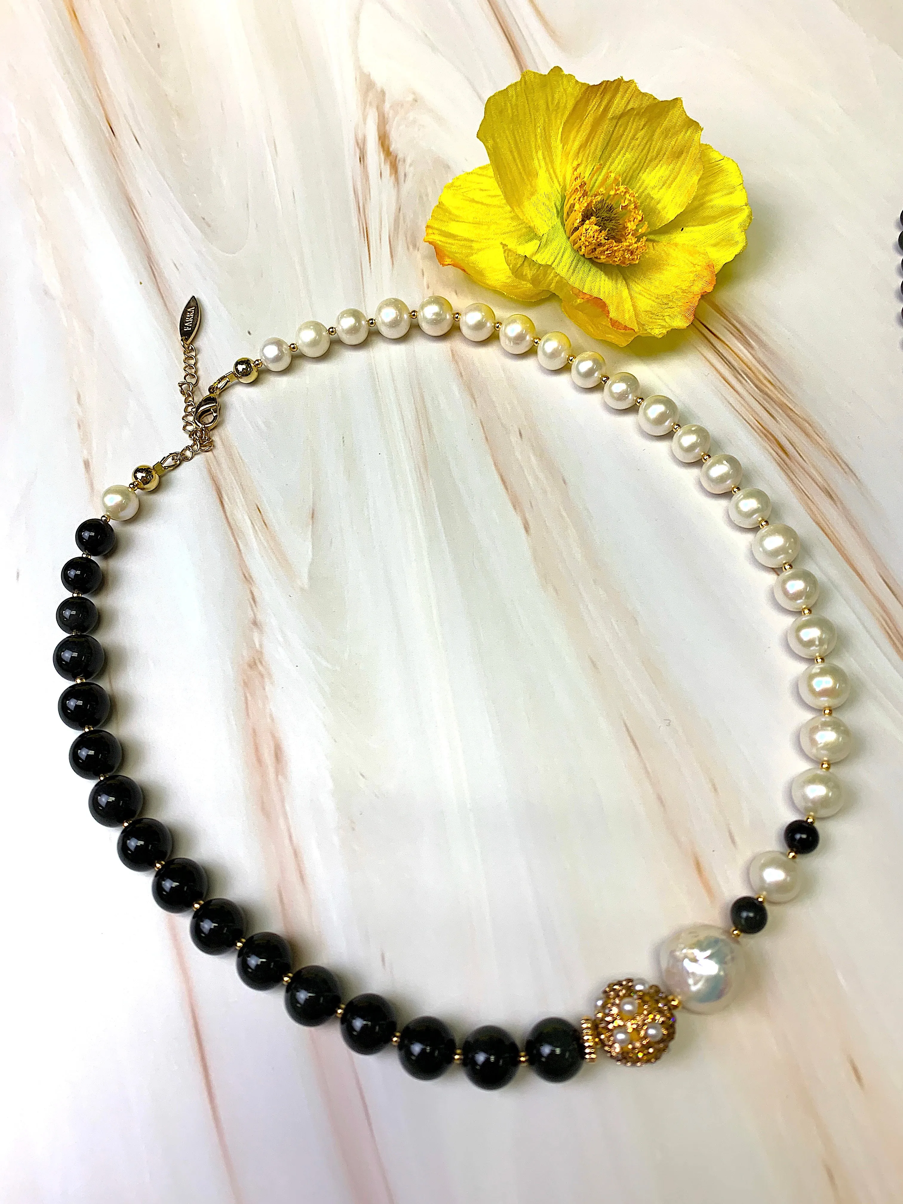 Black Obsidian With White Freshwater Pearls Necklace FN028