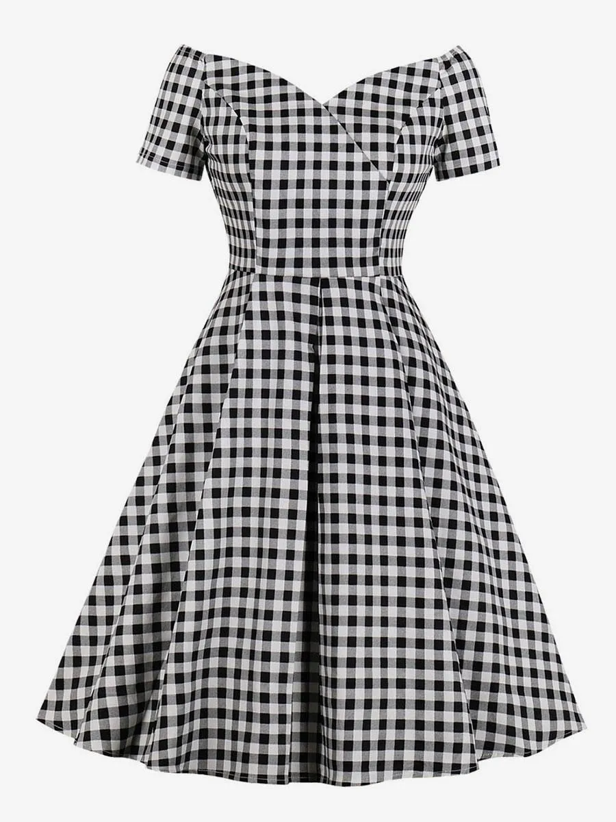 Black Vintage Glamour Dress 1950s Audrey Hepburn Style Short Sleeve V Neck Plaid Retro Dresses