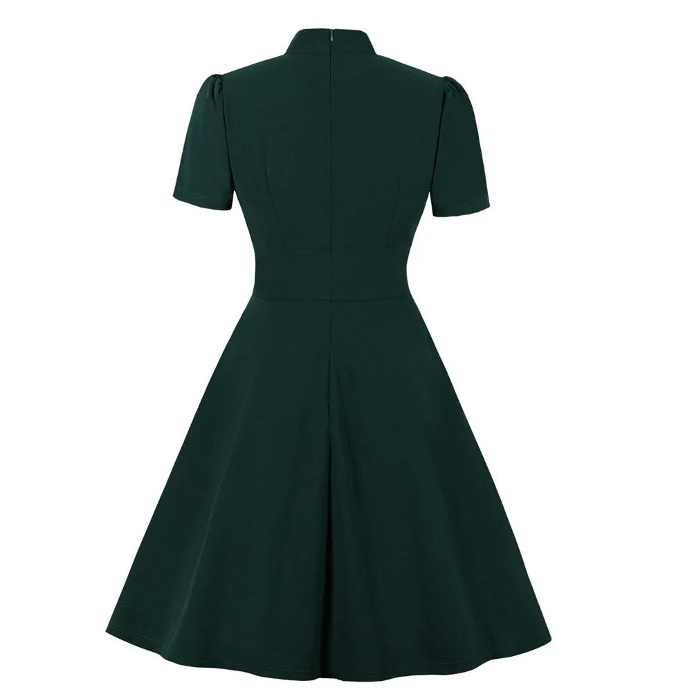 Black Women Short Sleeve Hollow Out Robe Pin Up Swing Plus Size Office Ladies Dresses With Pockets