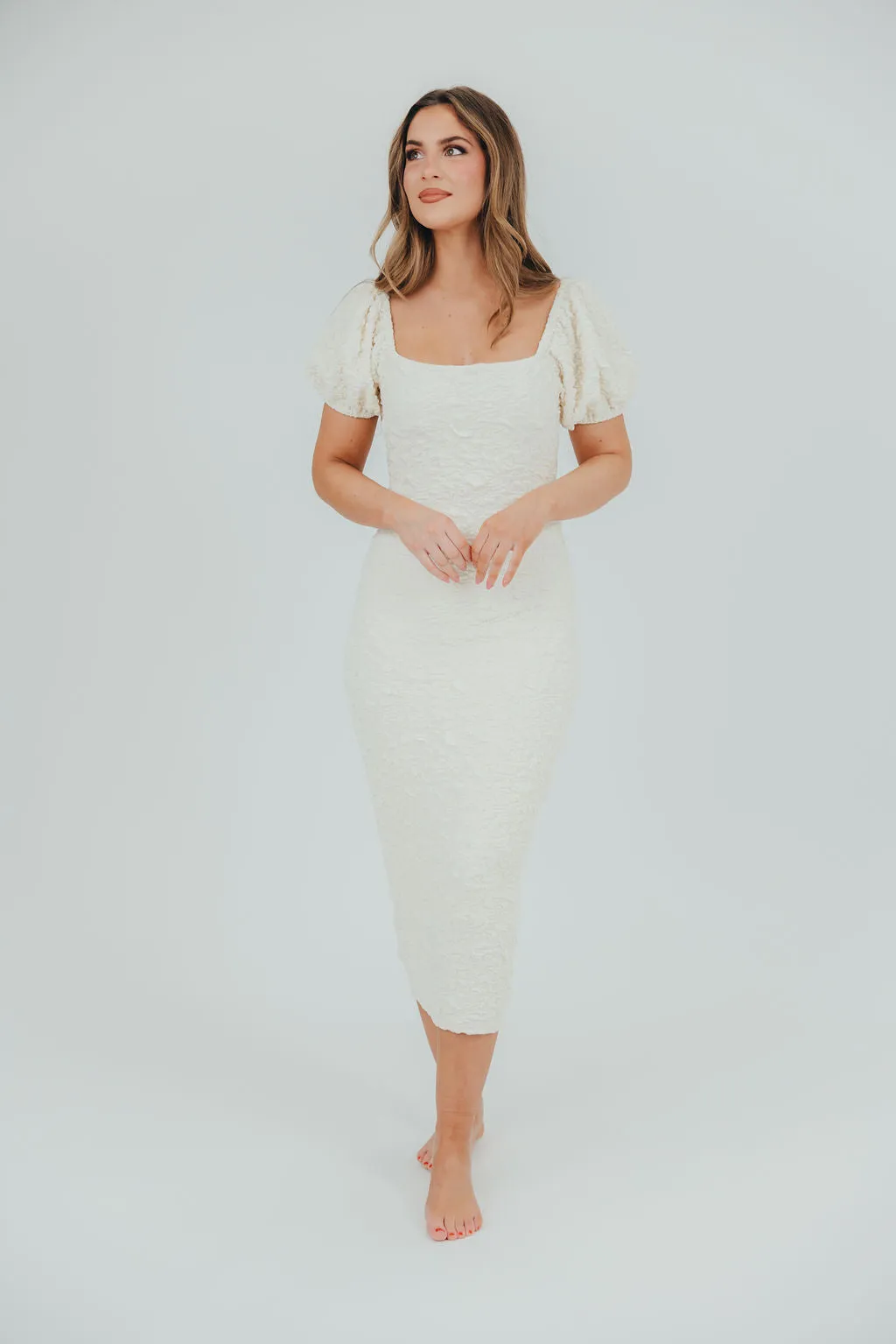 Blakeley Textured Midi Dress in Ivory - Bump Friendly & Inclusive Sizing (S-3XL)