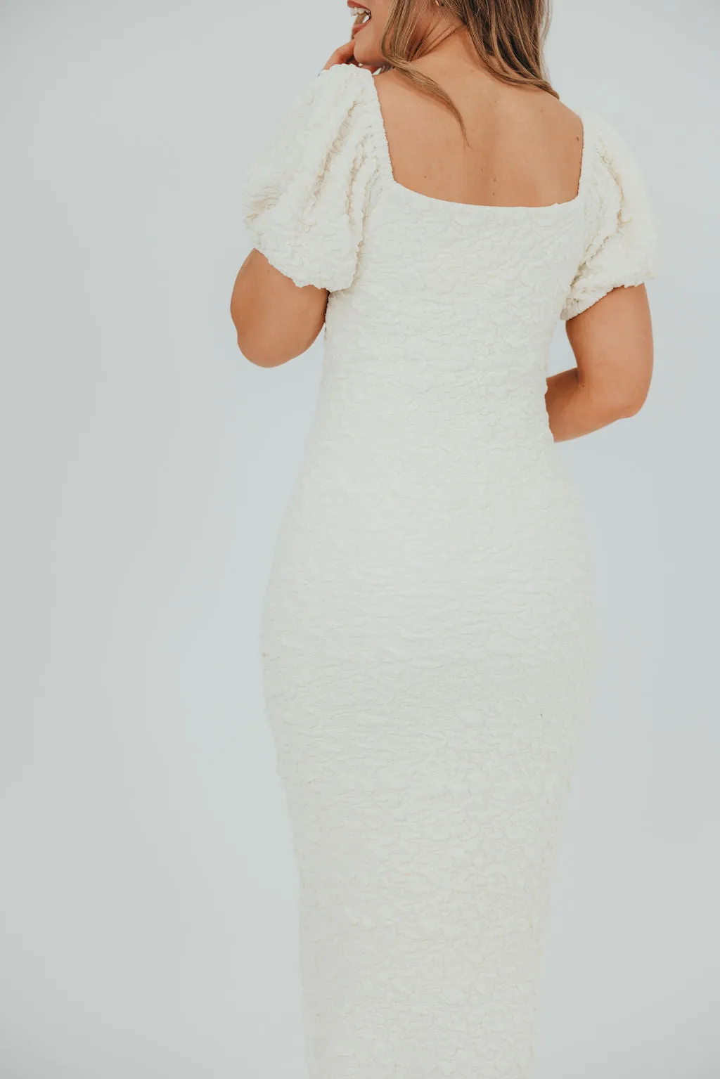 Blakeley Textured Midi Dress in Ivory - Bump Friendly & Inclusive Sizing (S-3XL)