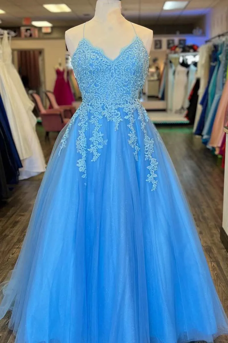 Blue Tulle Appliques Lace-Up Back A-Line Prom Dress