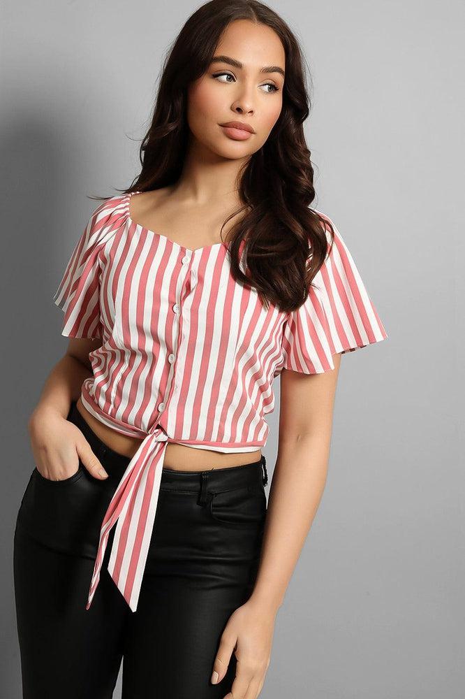 Buttoned & Tie Up Front Stripy Top