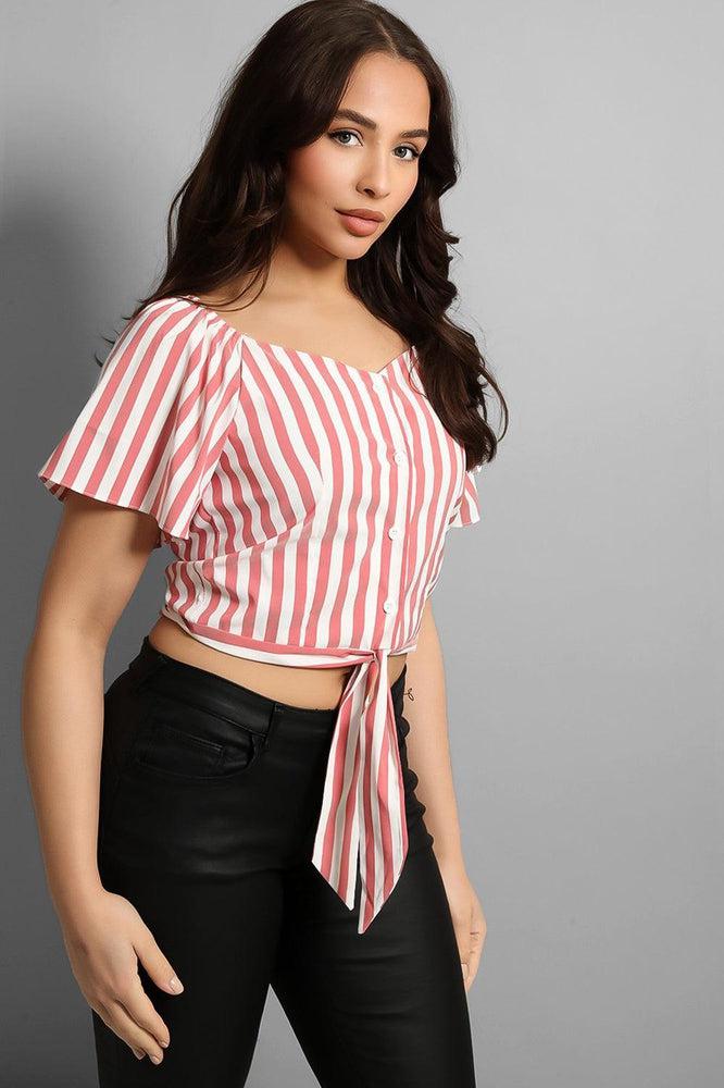 Buttoned & Tie Up Front Stripy Top