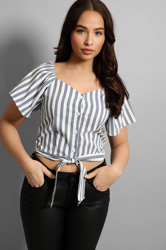 Buttoned & Tie Up Front Stripy Top