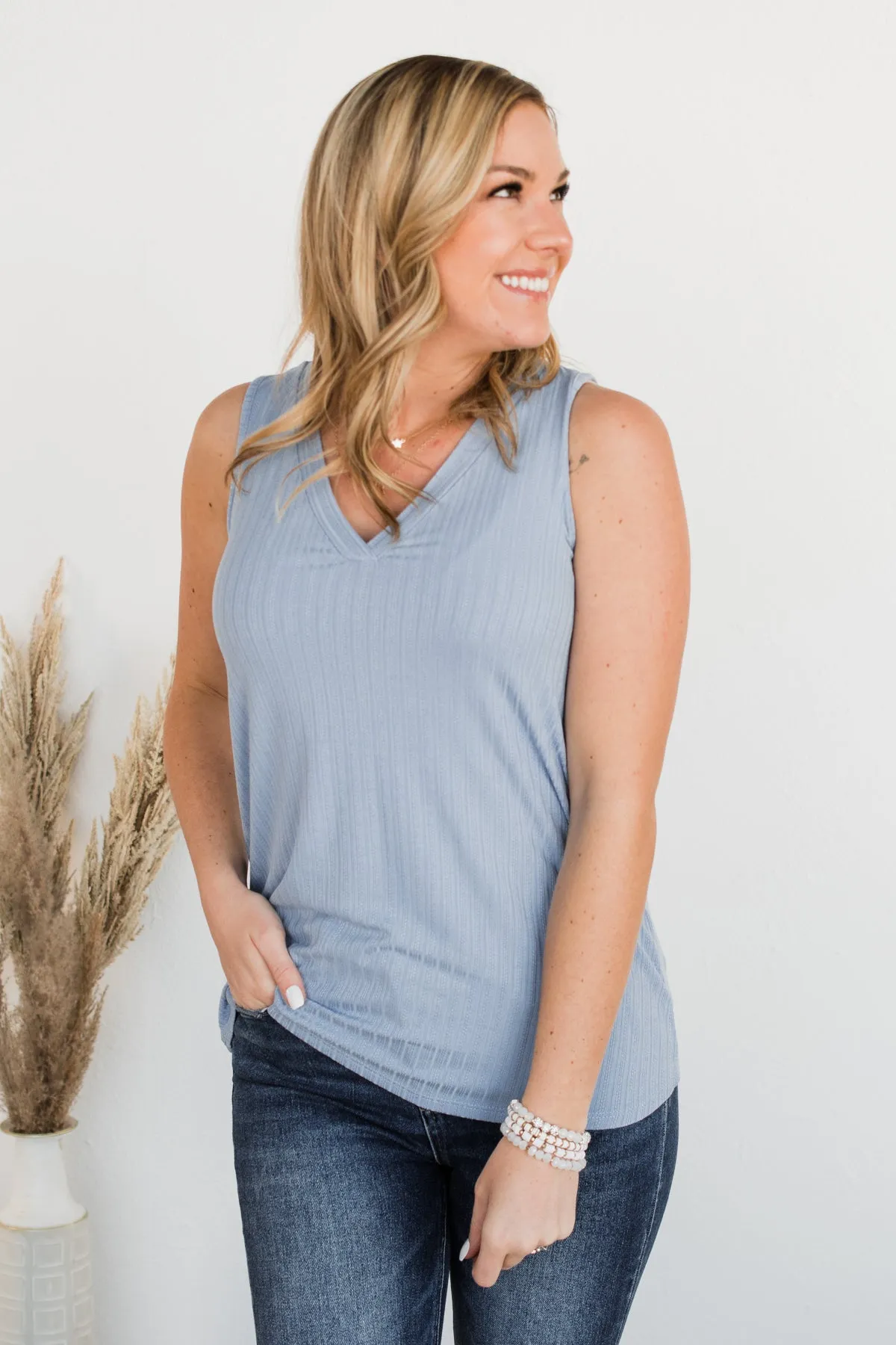 Came To Win V-Neck Tank- Denim Blue