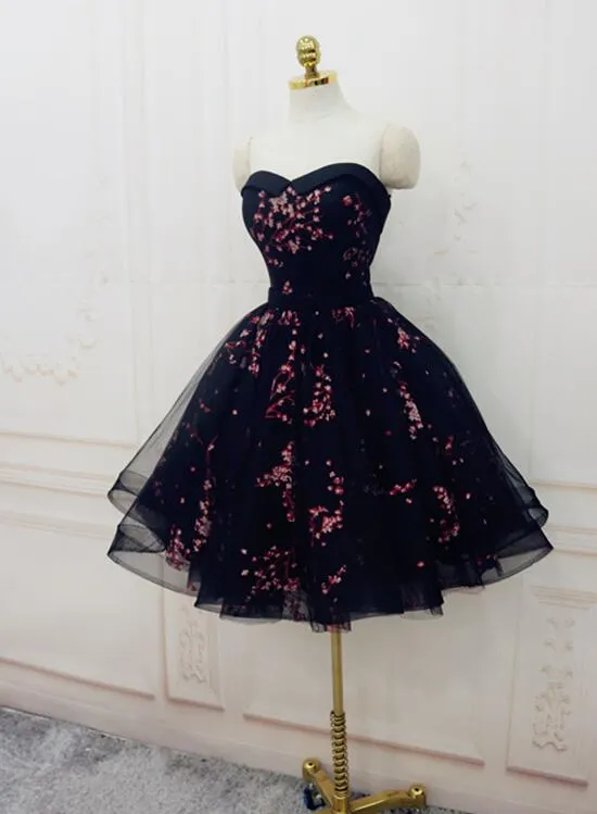 Charming Black Cute Floral Formal Dresses, Black Party Dress, Homecoming Dresses