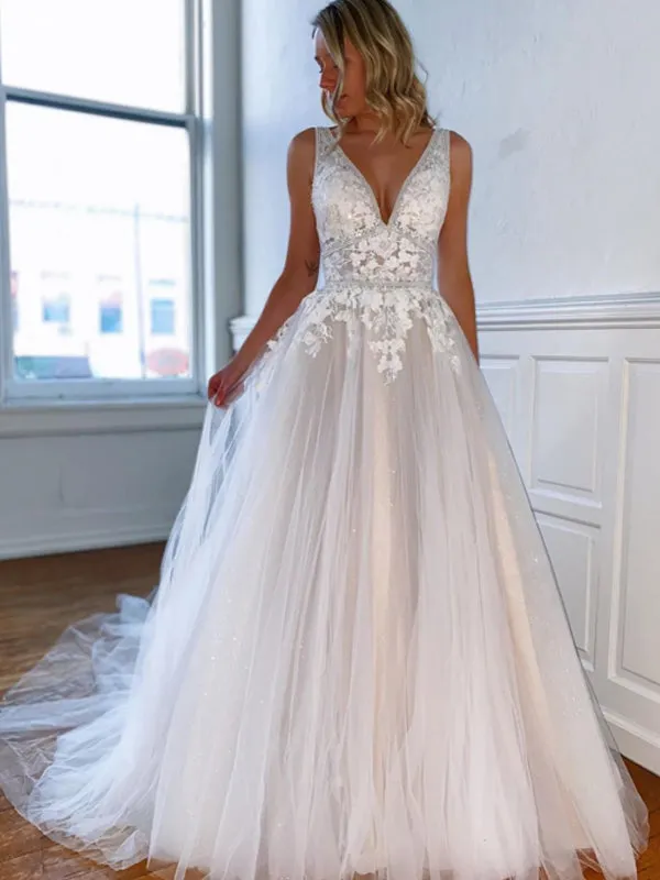 Charming V-eck Tulle V-back With Appliques A-line Long Wedding Dresses.DB10643