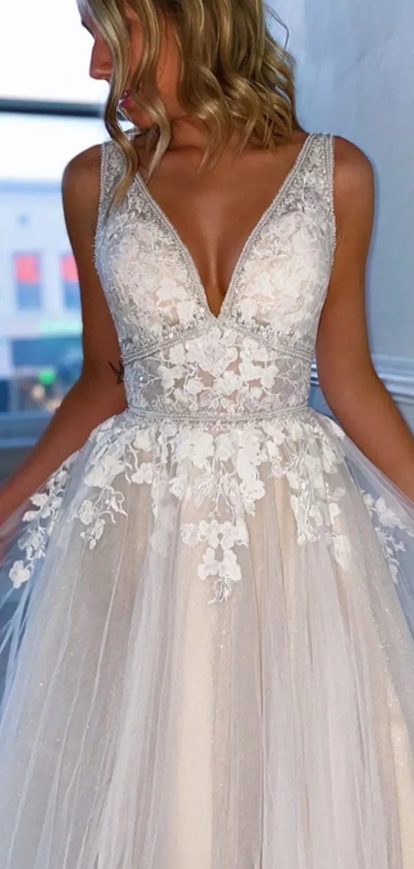 Charming V-eck Tulle V-back With Appliques A-line Long Wedding Dresses.DB10643